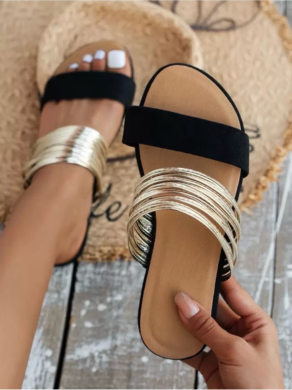 Women's Black Slide Roman Style Sandals with Gold Wrap Straps